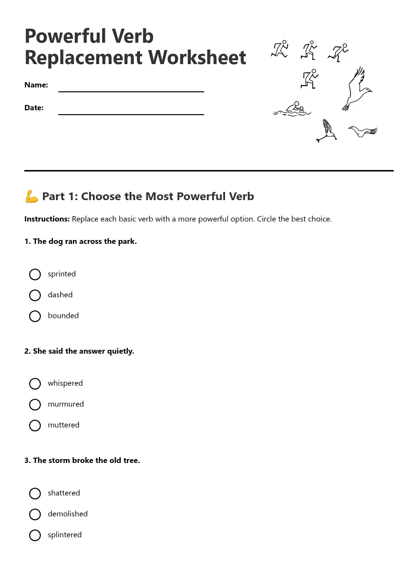 Powerful Verb Replacement Worksheet worksheet preview