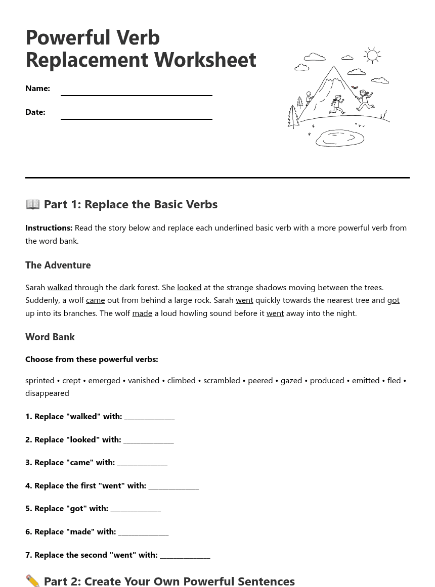 Powerful Verb Replacement Worksheet worksheet preview