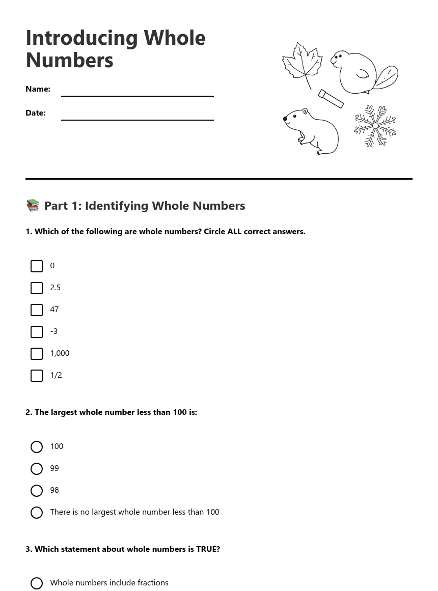 Introducing Whole Numbers worksheet preview