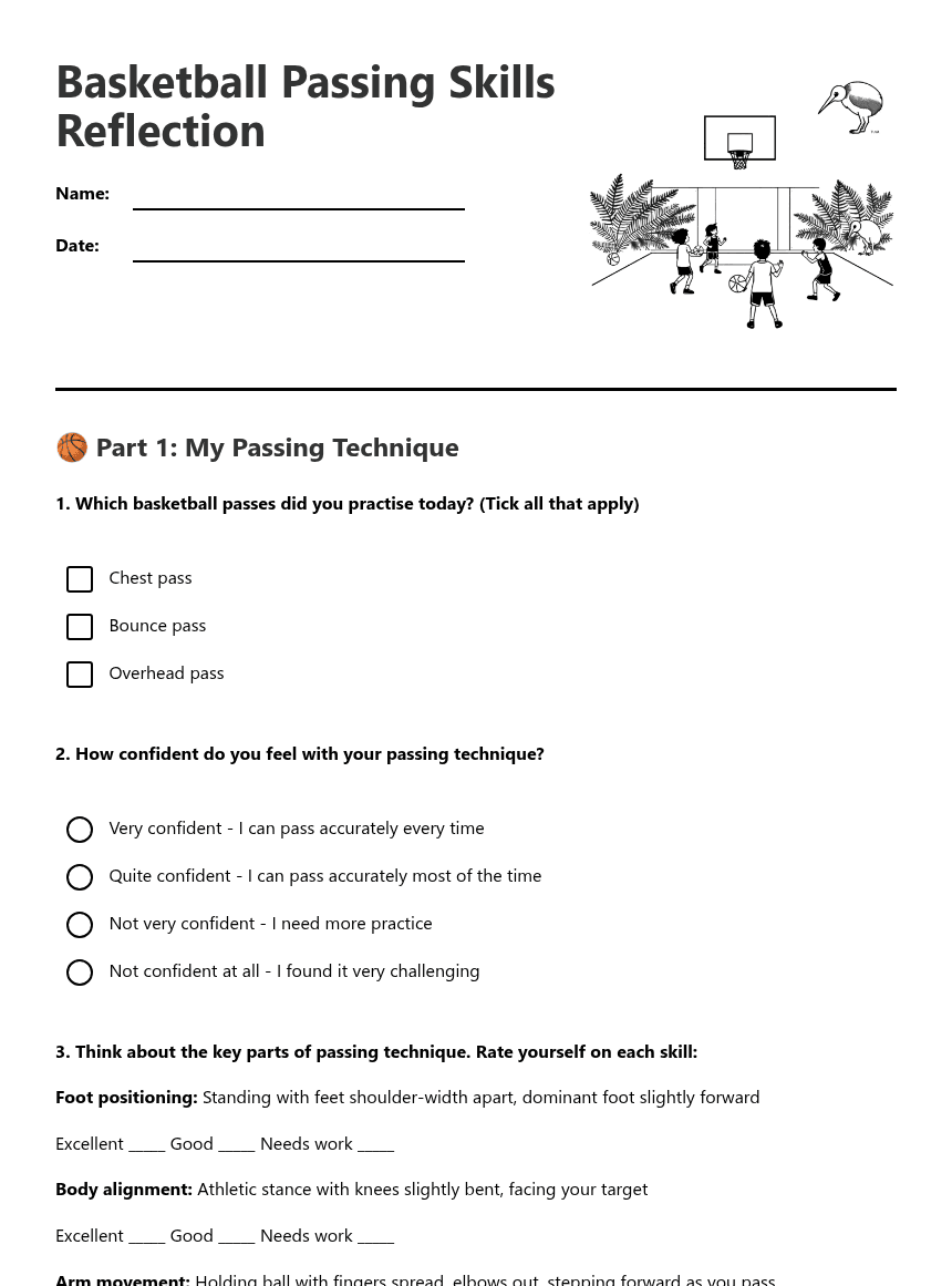 Basketball Passing Skills Reflection worksheet preview
