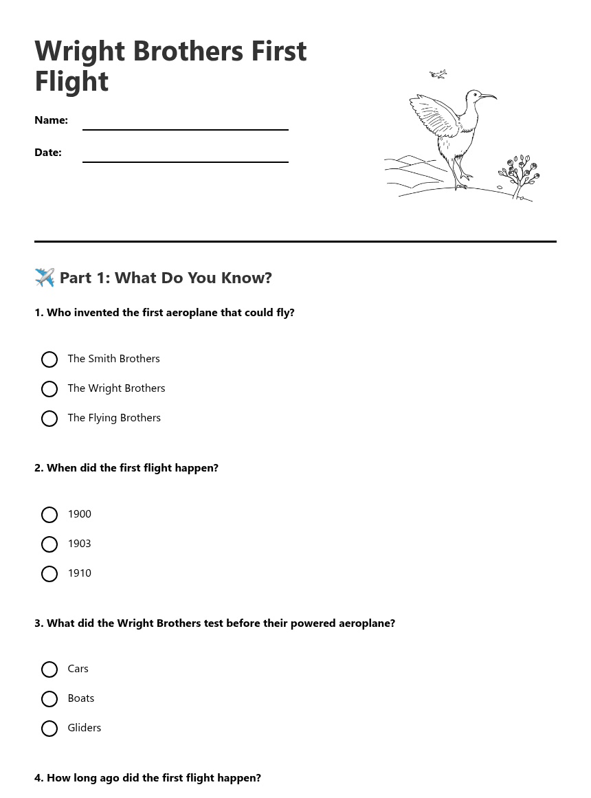 Wright Brothers First Flight worksheet preview