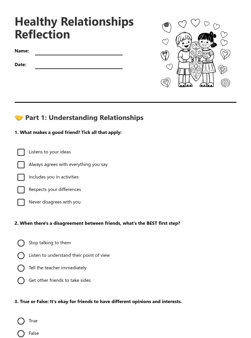 Healthy Relationships Reflection worksheet preview