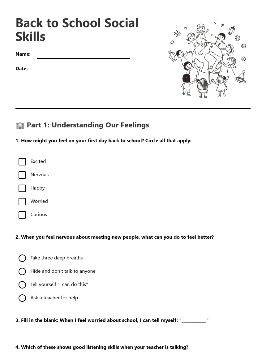 Back to School Social Skills worksheet preview