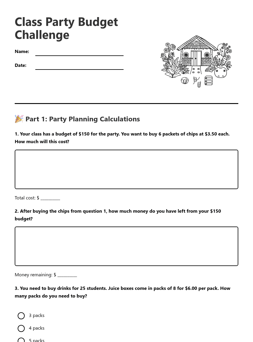 Class Party Budget Challenge worksheet preview