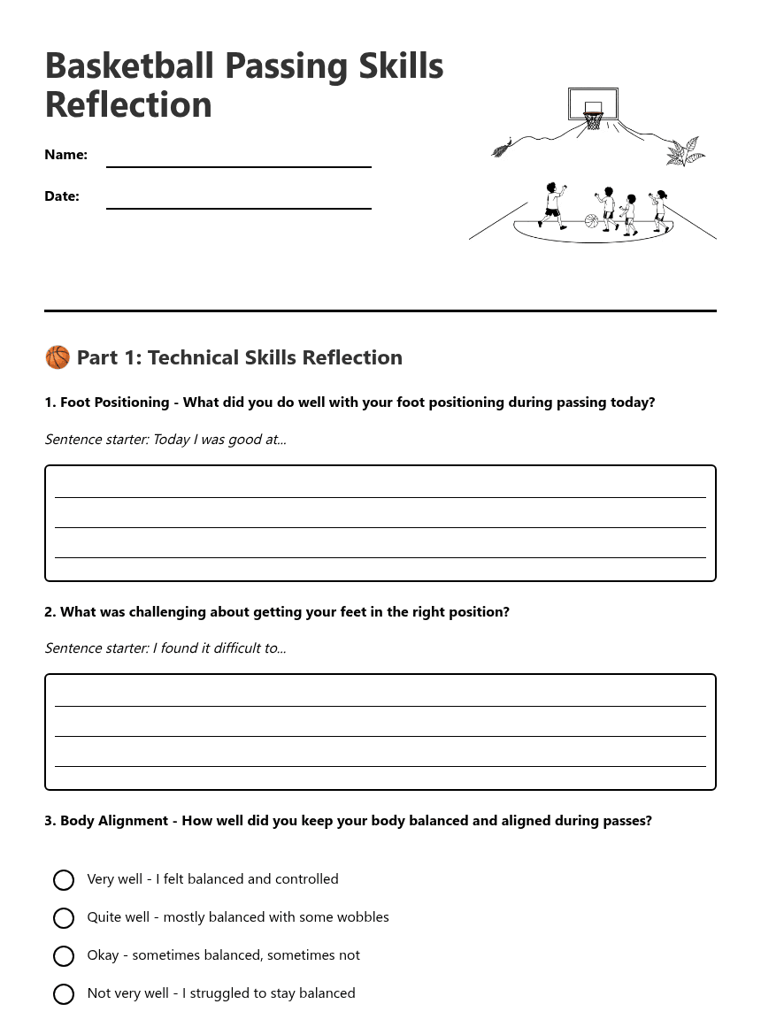 Basketball Passing Skills Reflection worksheet preview