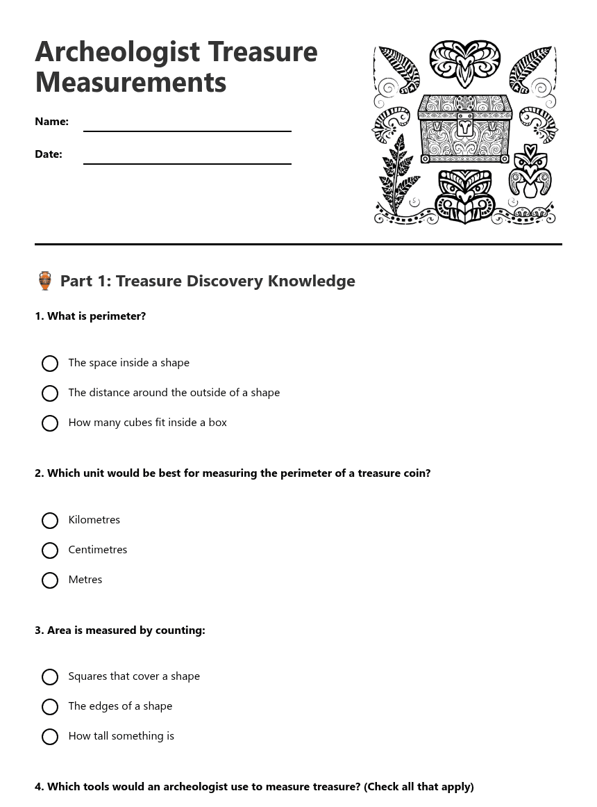 Archeologist Treasure Measurements worksheet preview