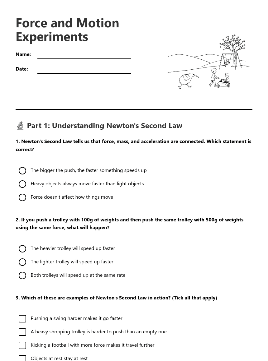 Force and Motion Experiments worksheet preview