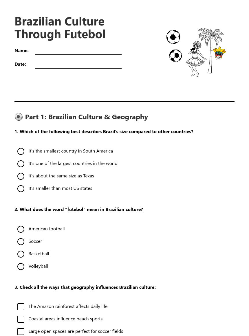 Brazilian Culture Through Futebol worksheet preview
