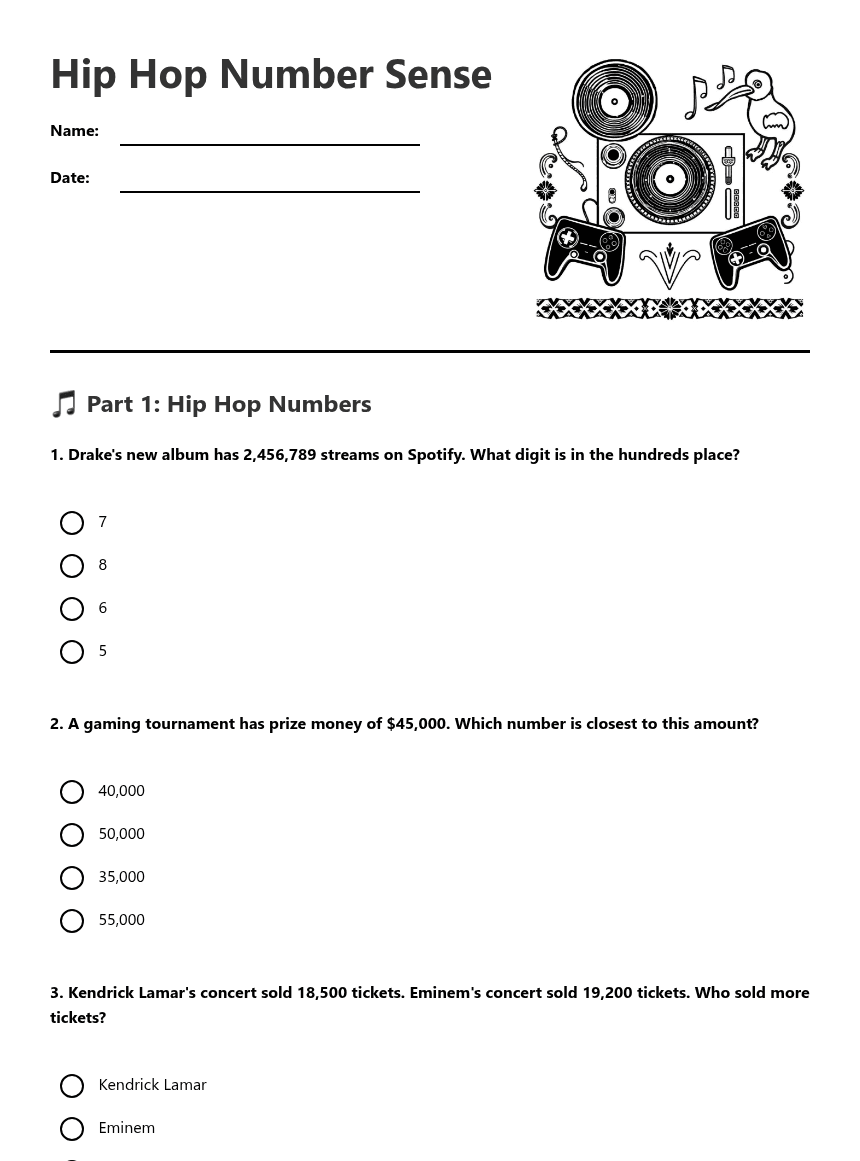 Hip Hop Number Sense worksheet preview