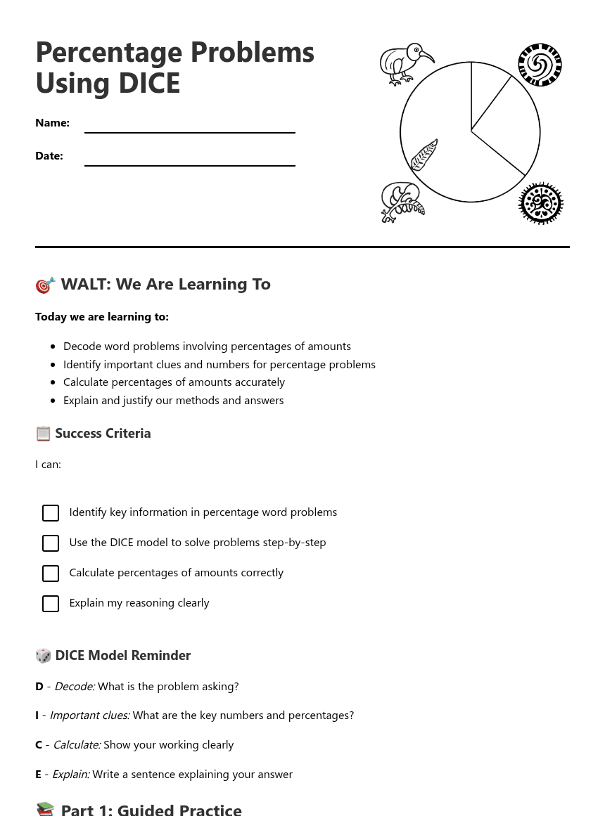 Percentage Problems Using DICE worksheet preview