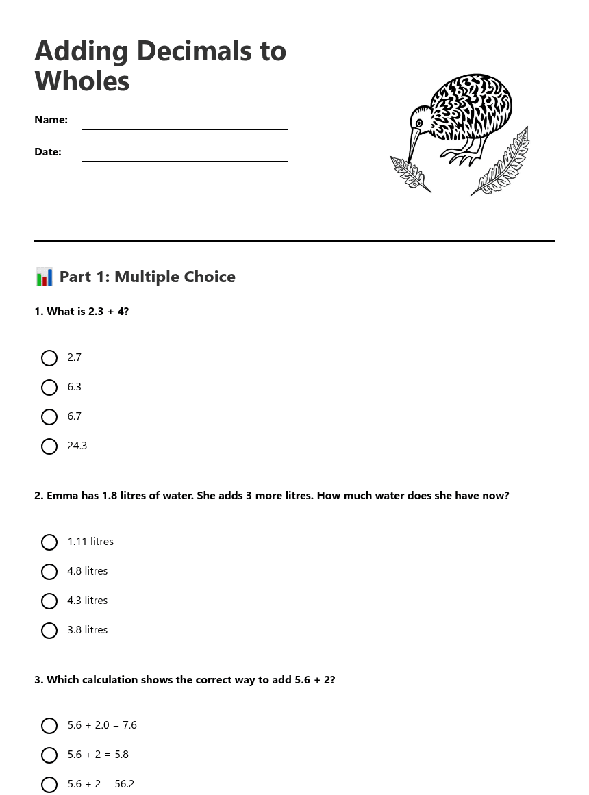 Adding Decimals to Wholes worksheet preview