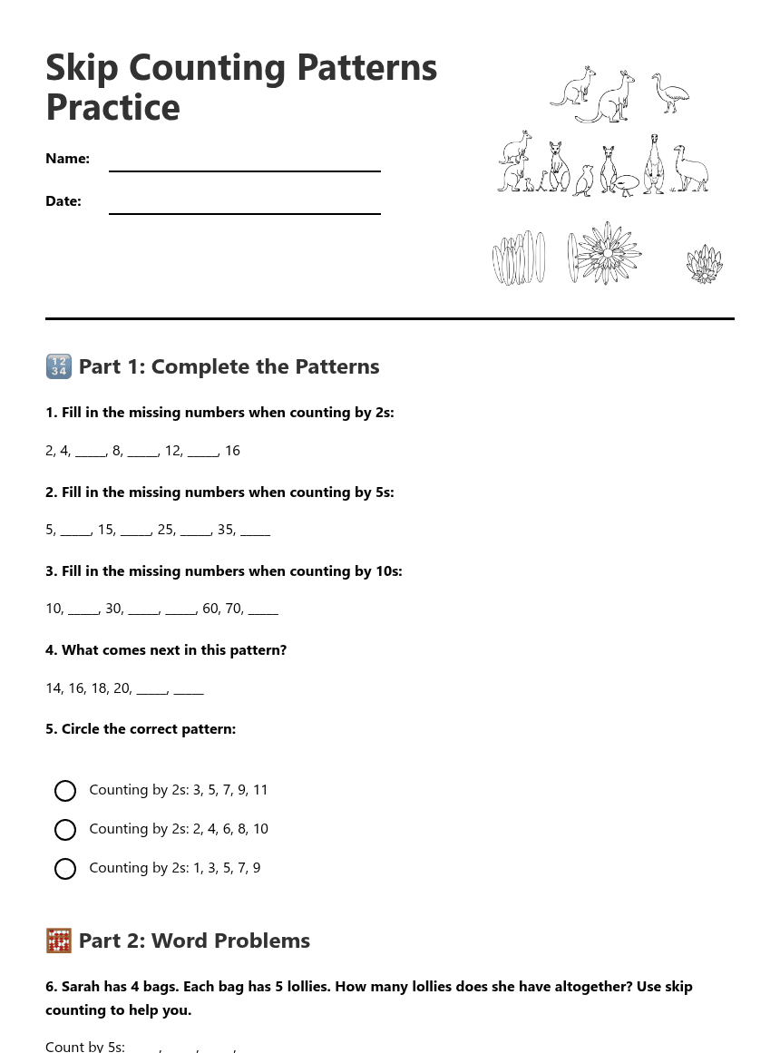 Skip Counting Patterns Practice worksheet preview
