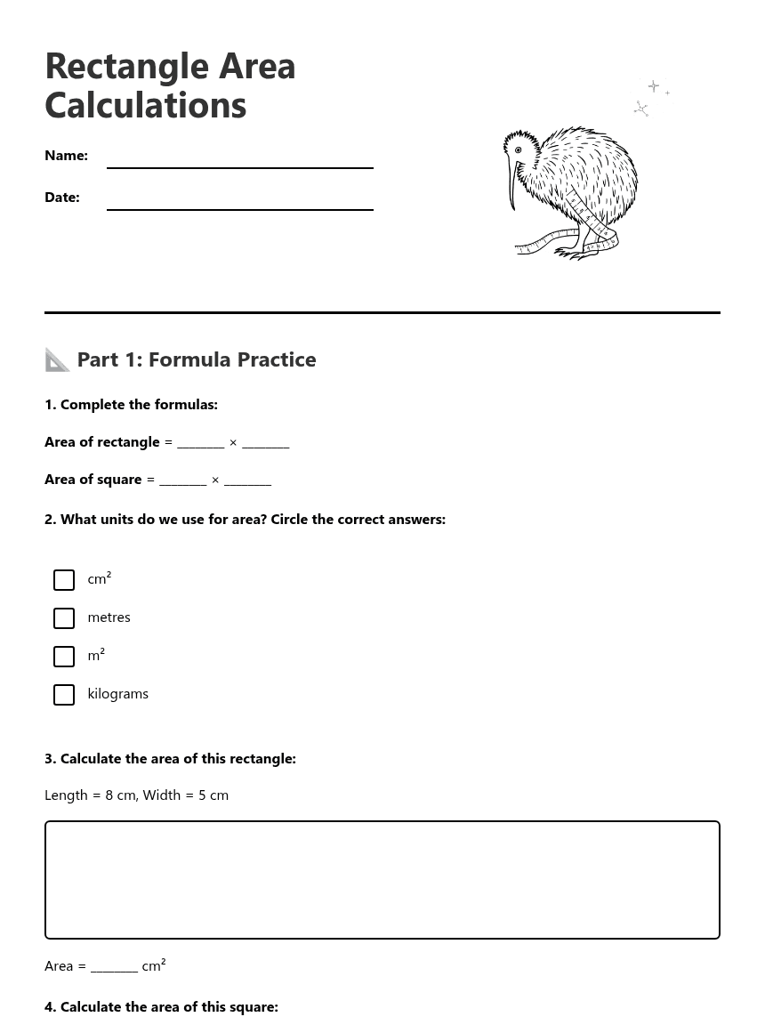 Rectangle Area Calculations worksheet preview