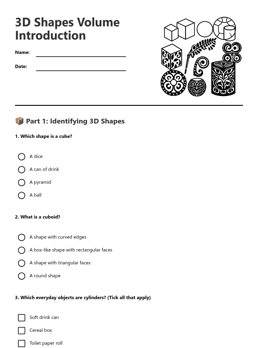 3D Shapes Volume Introduction worksheet preview
