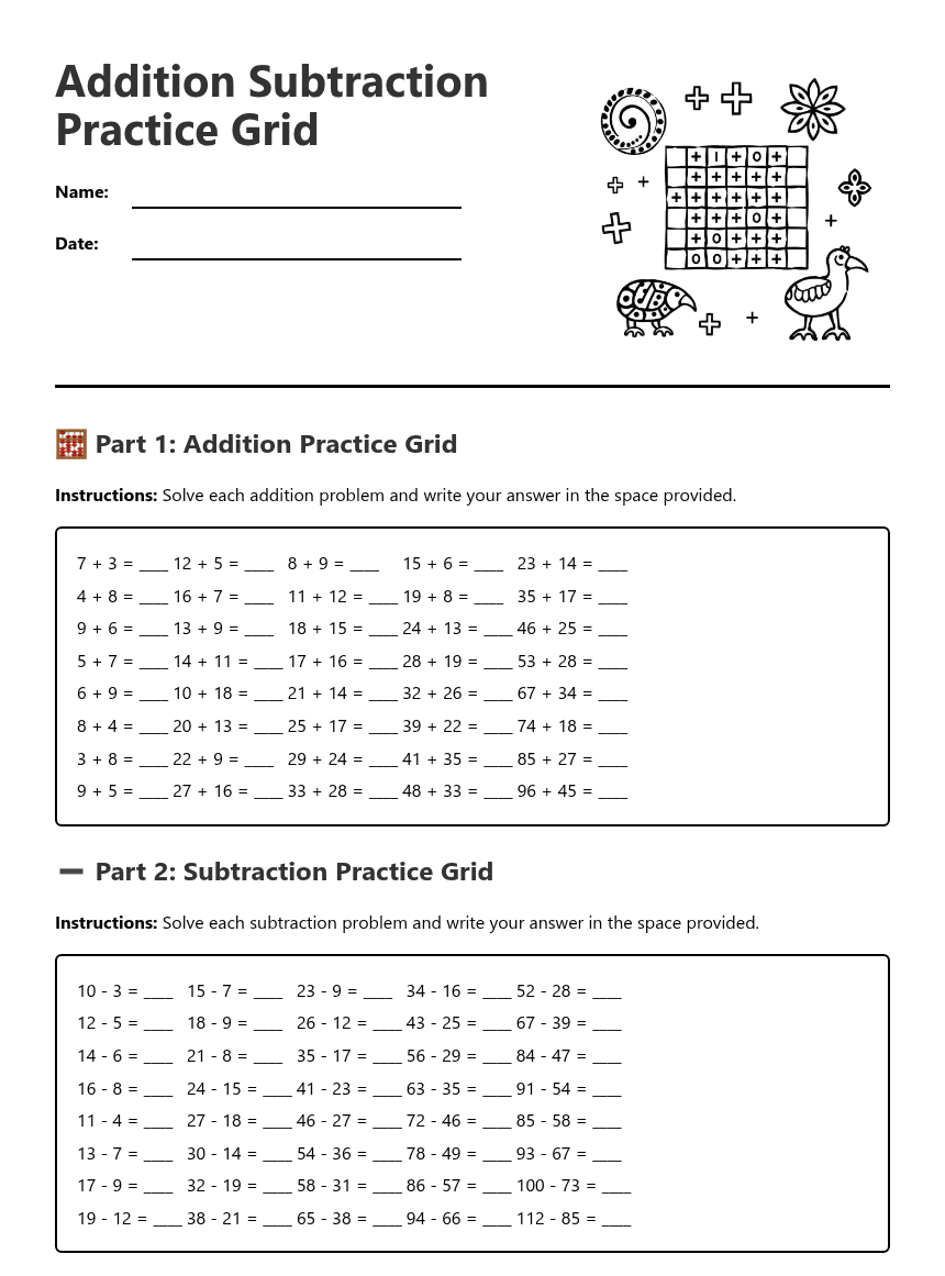 Addition Subtraction Practice Grid worksheet preview
