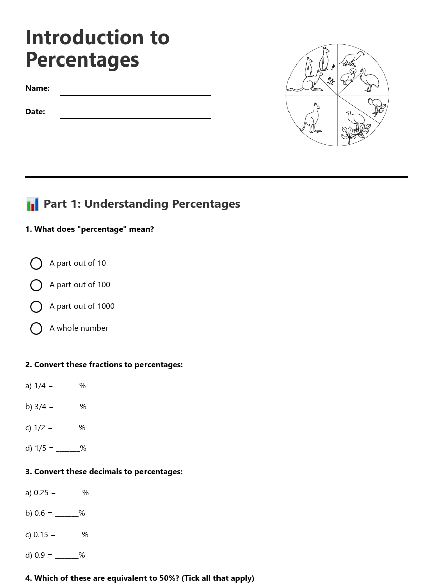 Introduction to Percentages worksheet preview