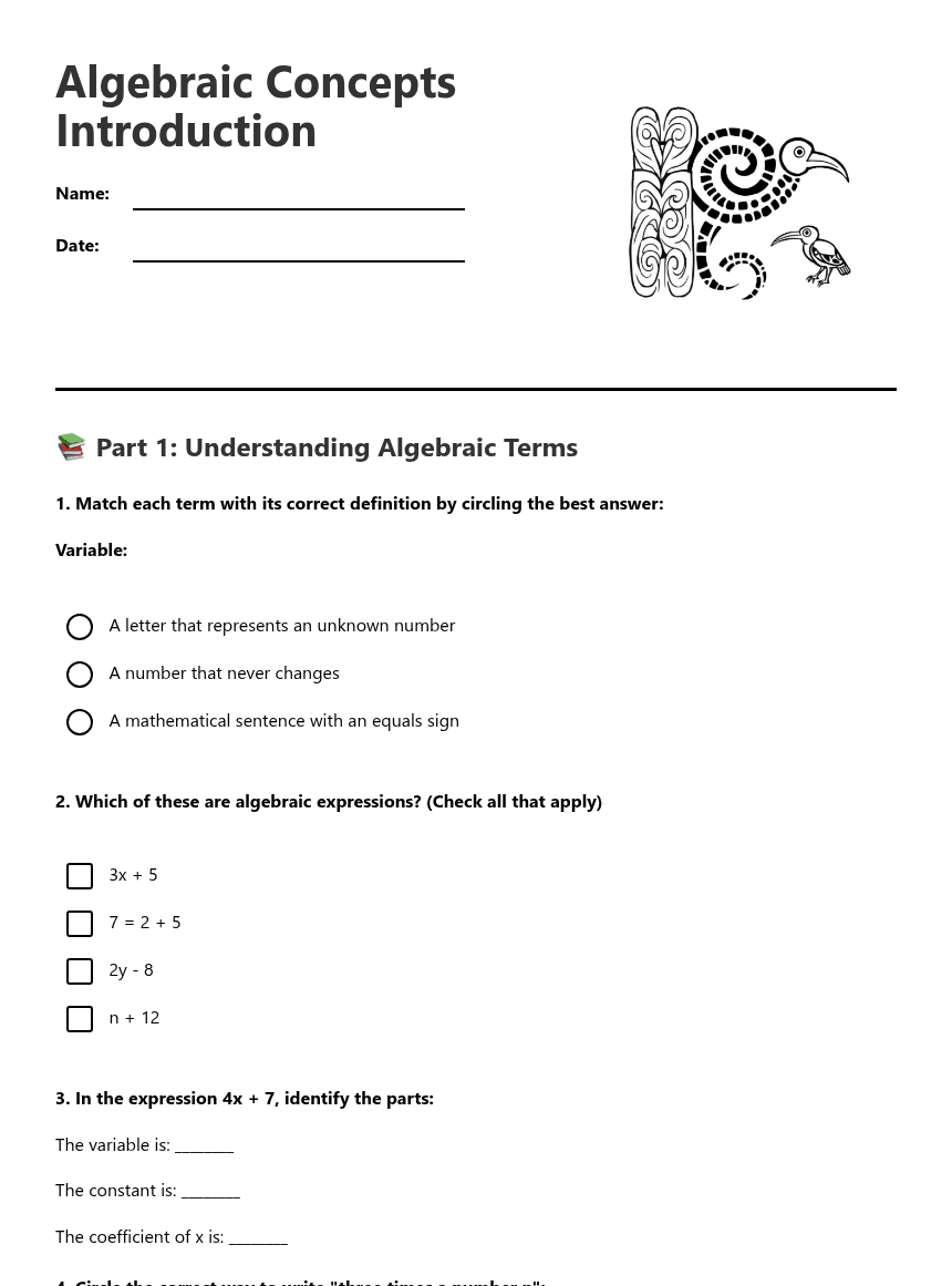 Algebraic Concepts Introduction worksheet preview