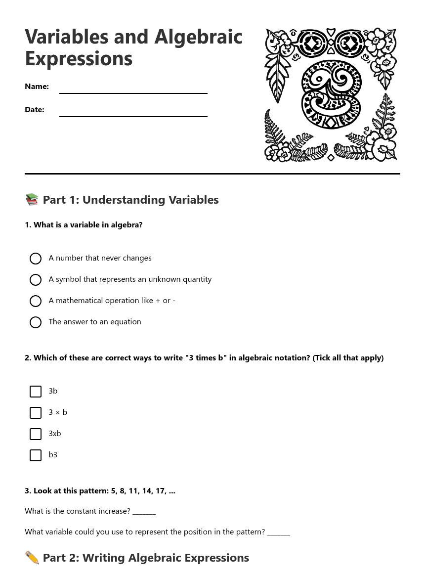 Variables and Algebraic Expressions worksheet preview