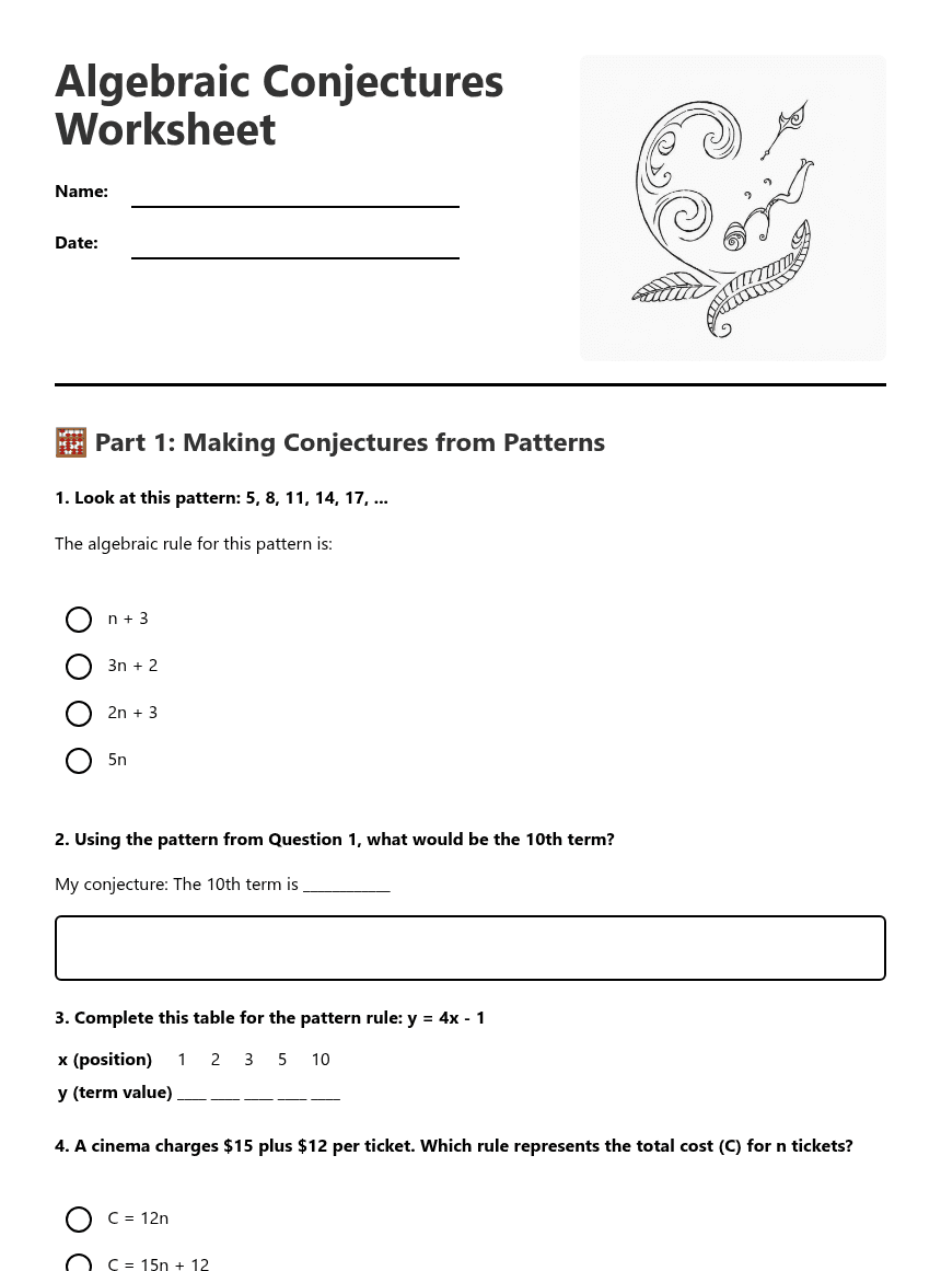 Algebraic Conjectures Worksheet worksheet preview