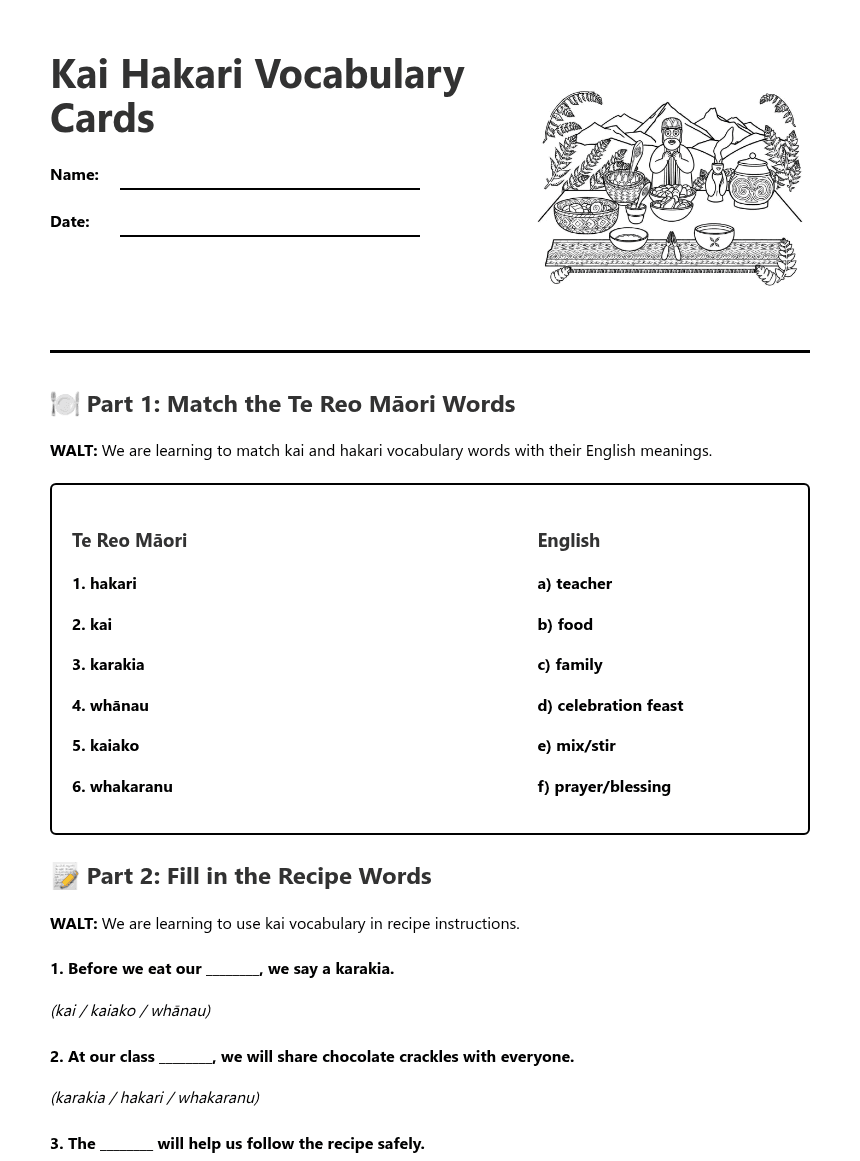 Kai Hakari Vocabulary Cards worksheet preview
