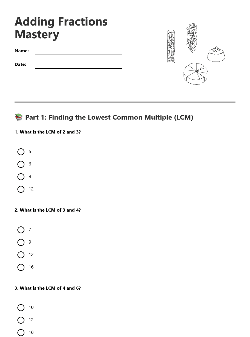 Adding Fractions Mastery worksheet preview