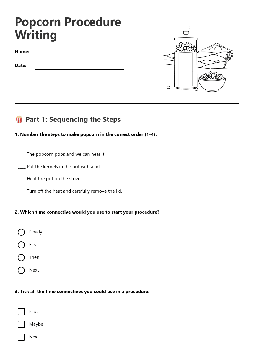 Popcorn Procedure Writing worksheet preview