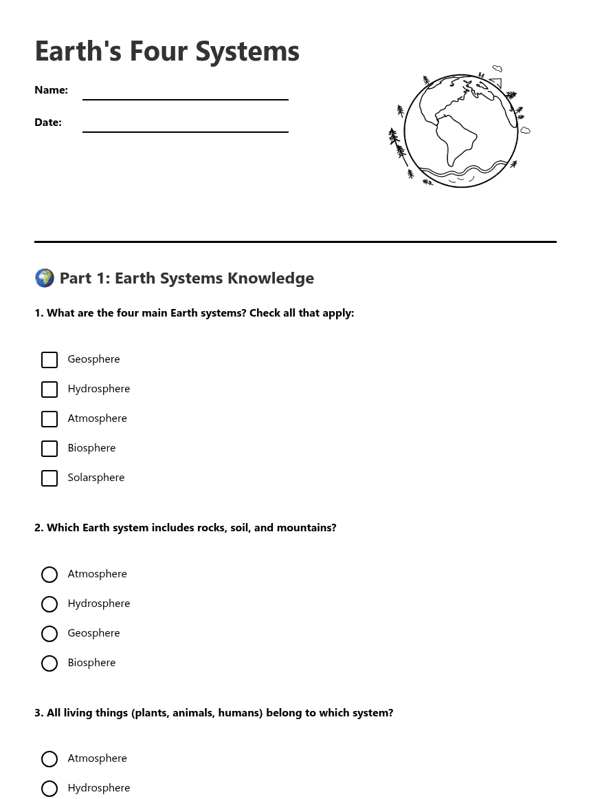 Earth's Four Systems worksheet preview