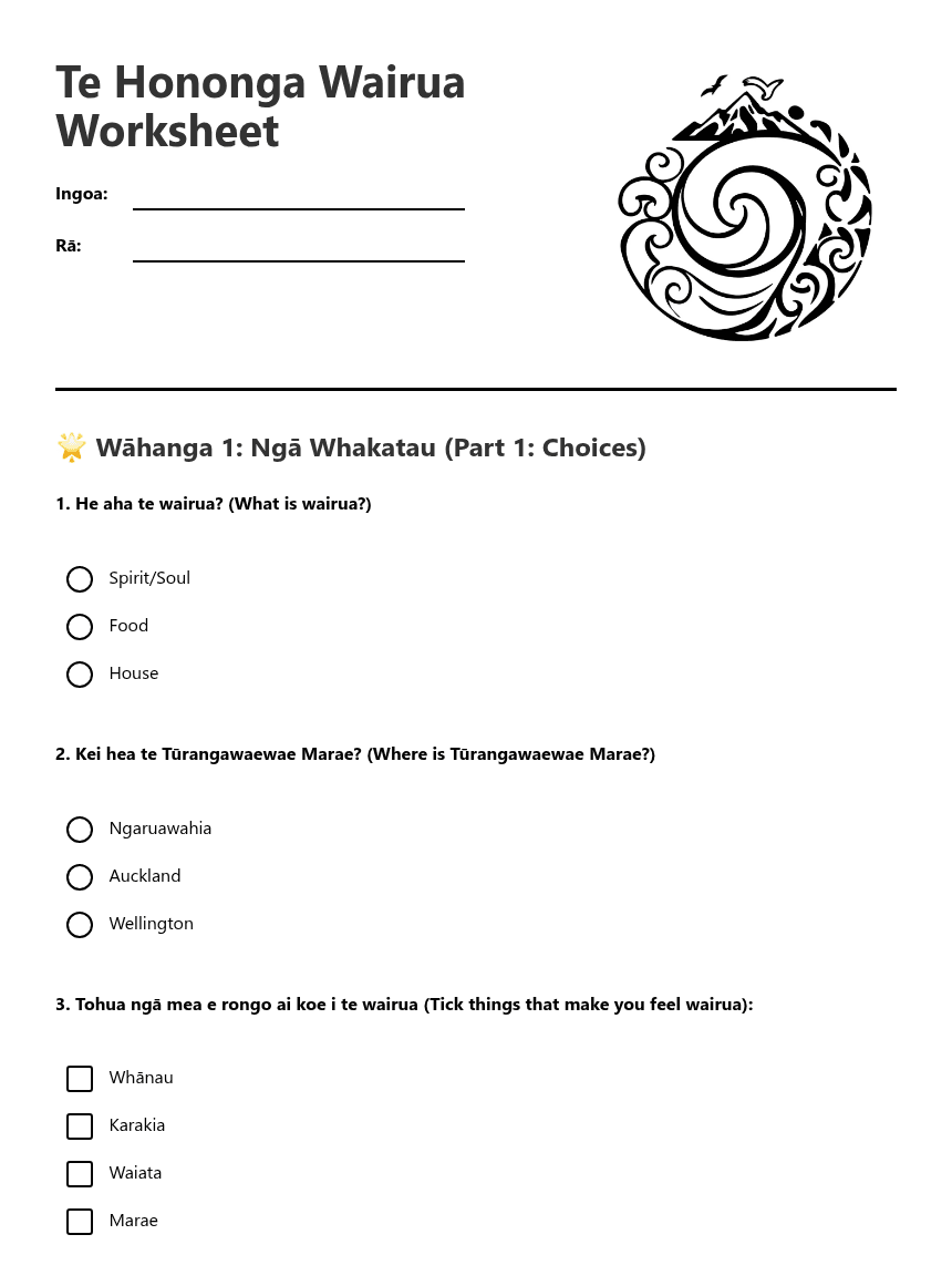 Te Hononga Wairua Worksheet worksheet preview