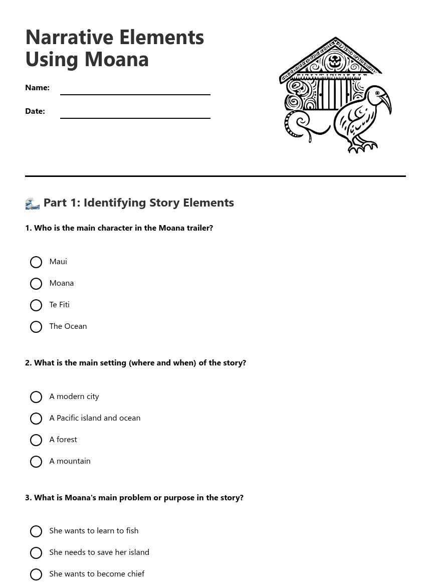 Narrative Elements Using Moana worksheet preview