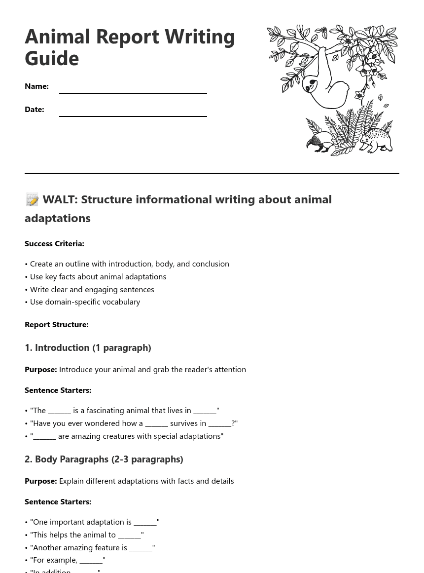 Animal Report Writing Guide worksheet preview