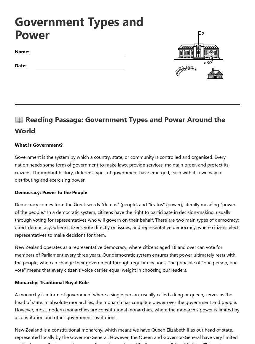 Government Types and Power worksheet preview