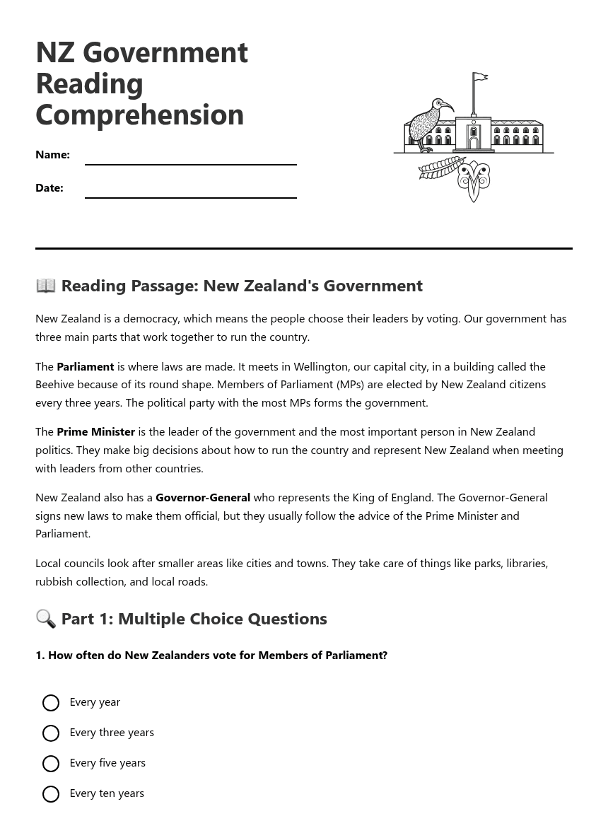 NZ Government Reading Comprehension worksheet preview