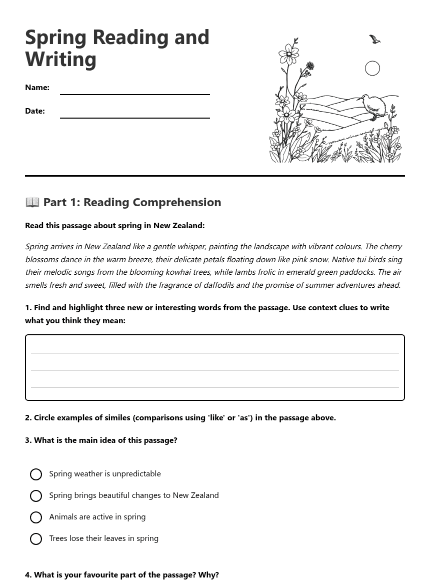 Spring Reading and Writing worksheet preview