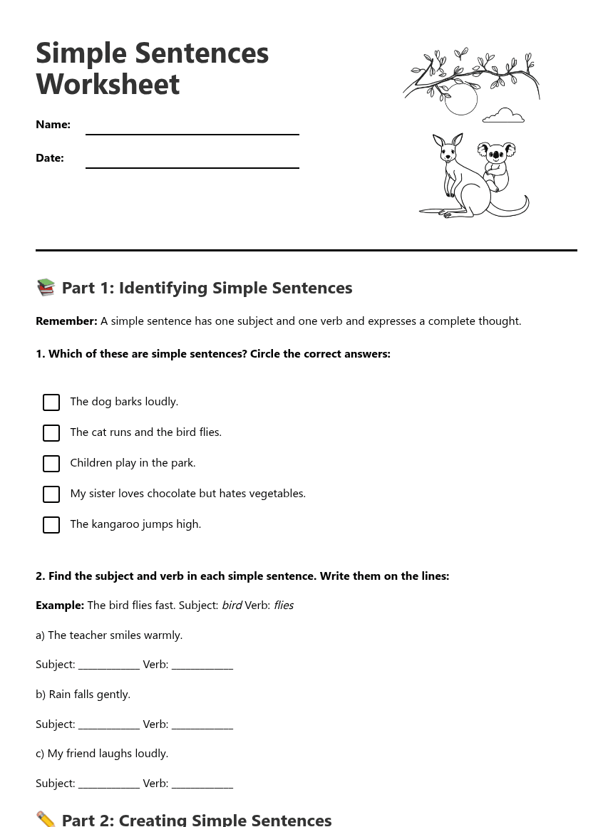 Simple Sentences Worksheet worksheet preview