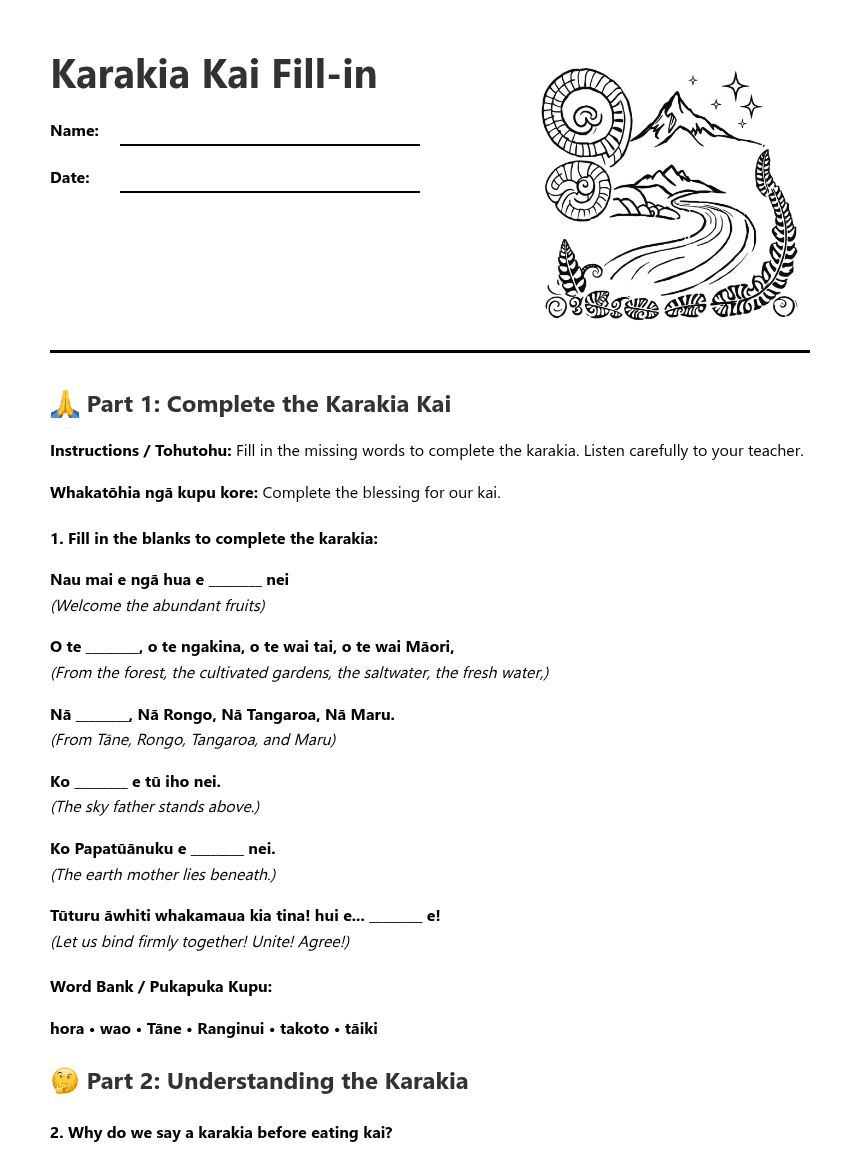 Karakia Kai Fill-in worksheet preview