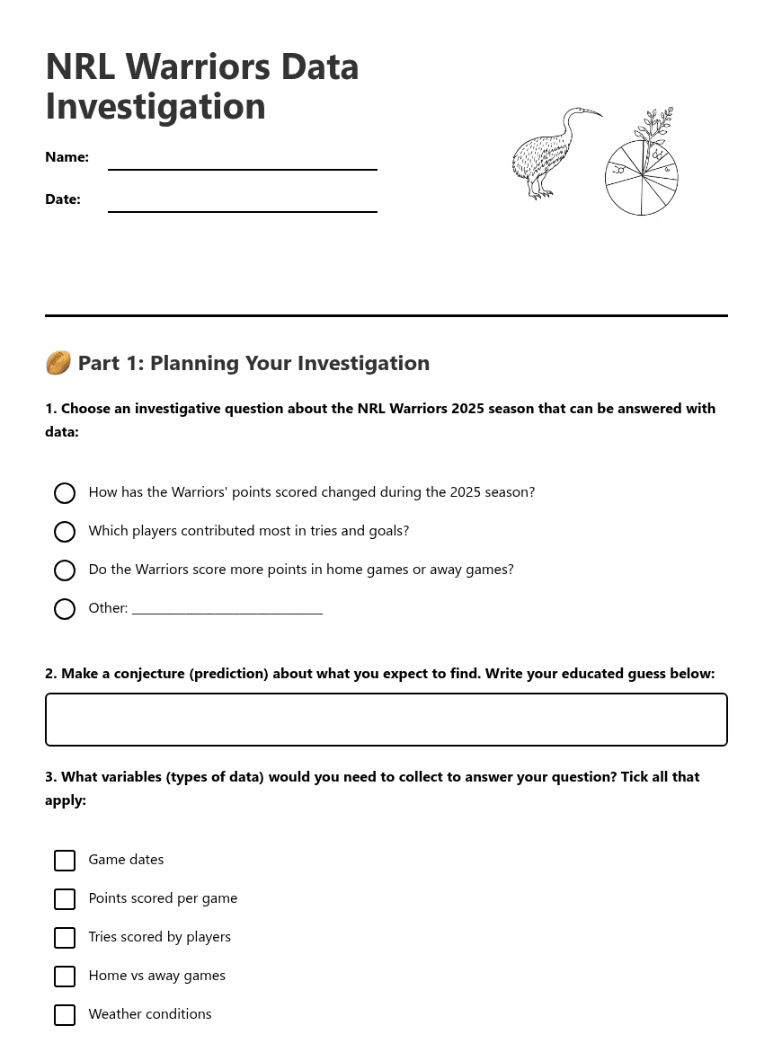 NRL Warriors Data Investigation worksheet preview