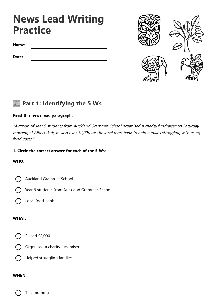 News Lead Writing Practice worksheet preview