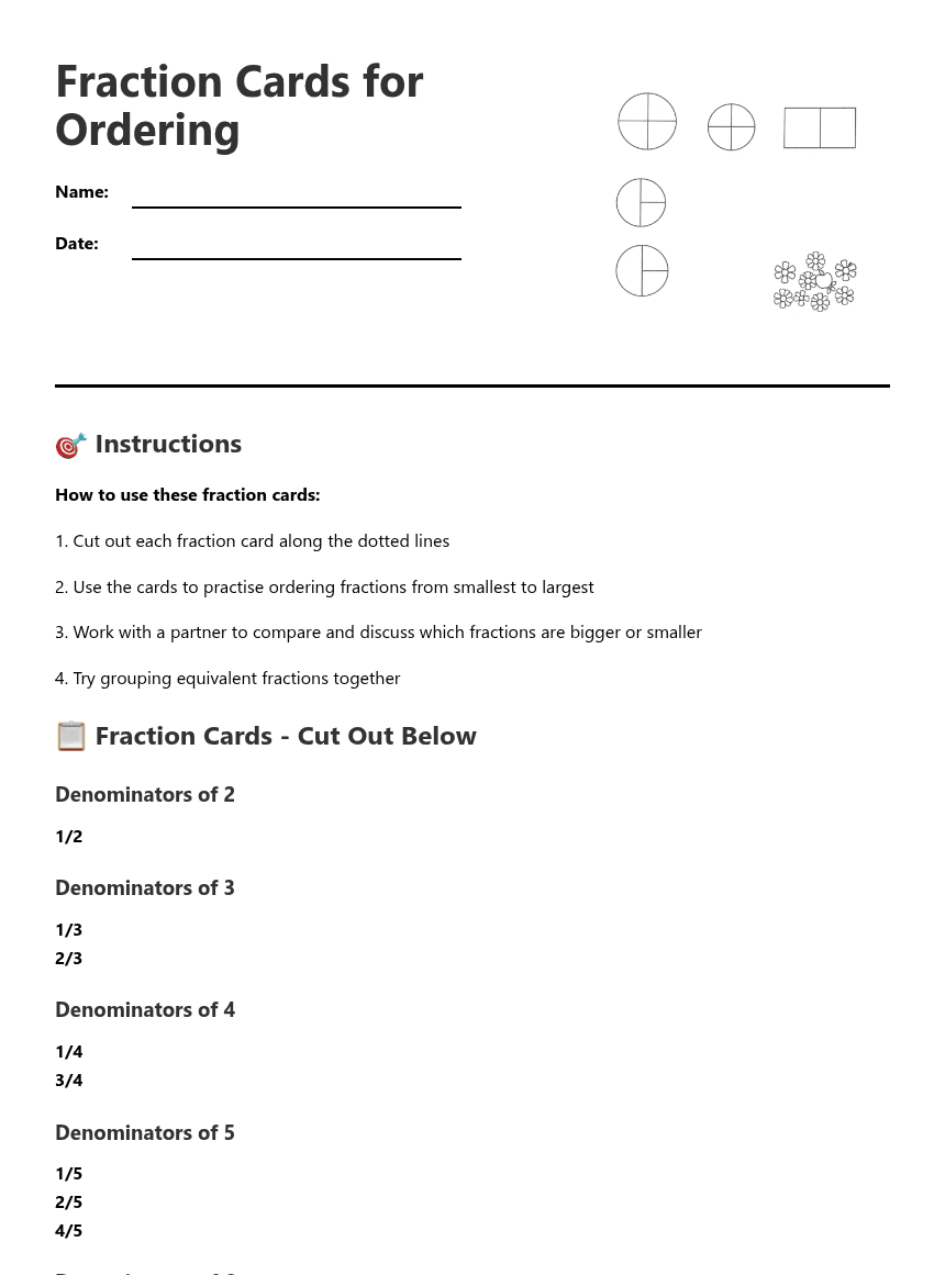 Fraction Cards for Ordering worksheet preview