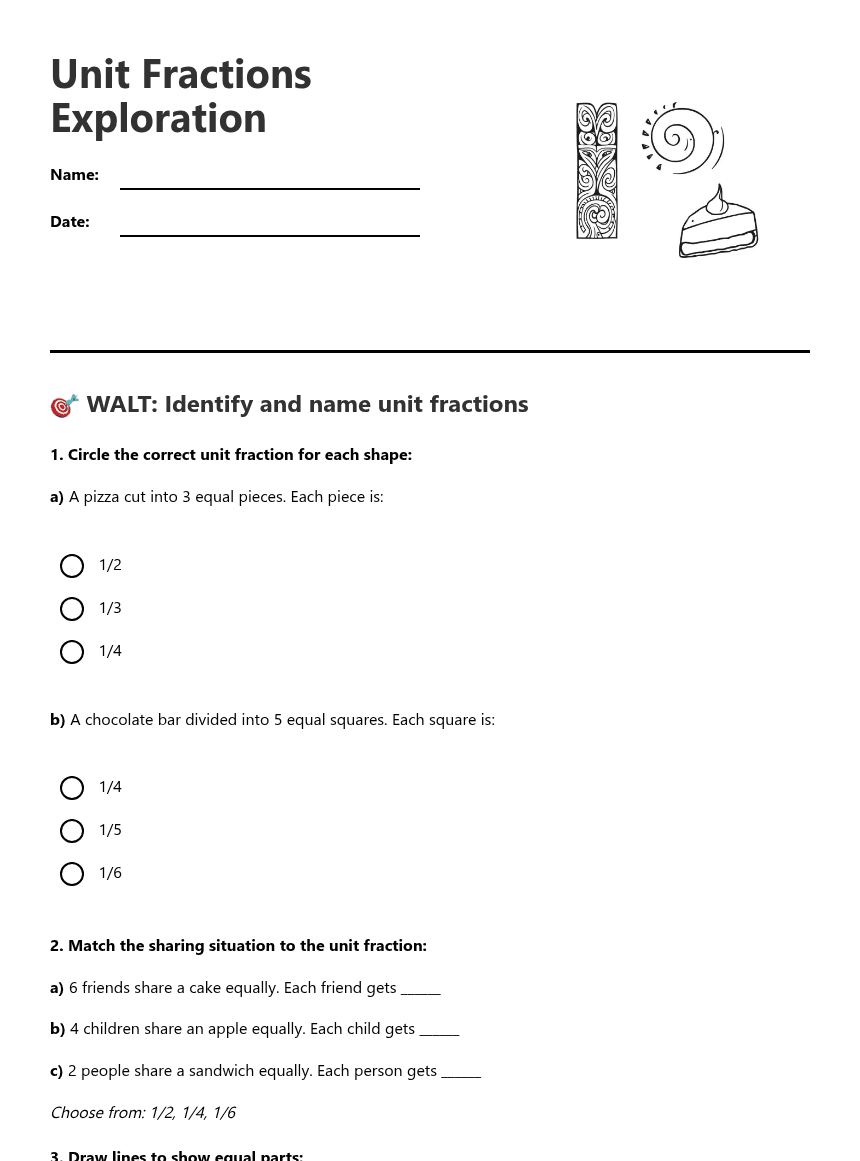 Unit Fractions Exploration worksheet preview