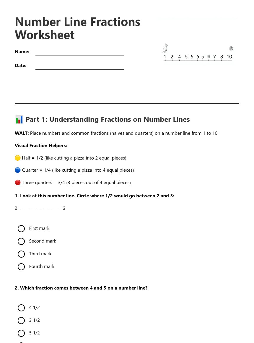 Number Line Fractions Worksheet worksheet preview