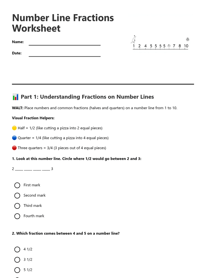 Number Line Fractions Worksheet