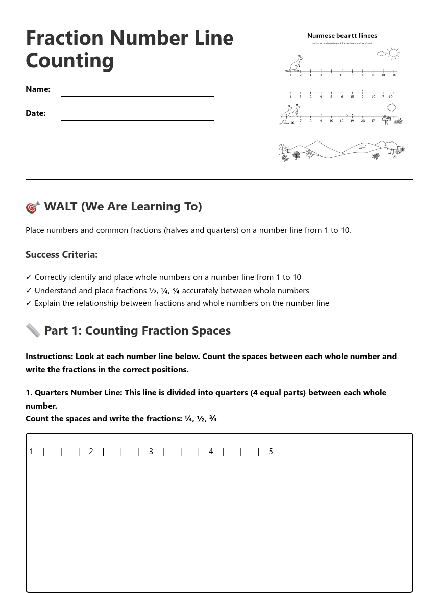 Fraction Number Line Counting worksheet preview