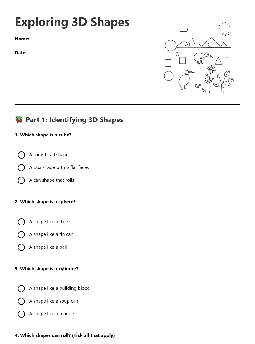 Exploring 3D Shapes worksheet preview