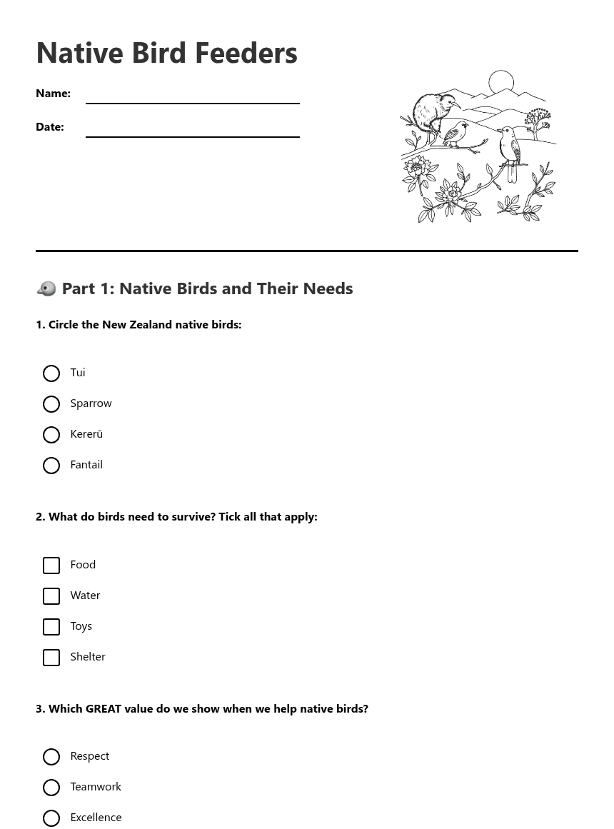 Native Bird Feeders worksheet preview
