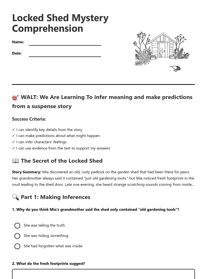 Locked Shed Mystery Comprehension worksheet preview