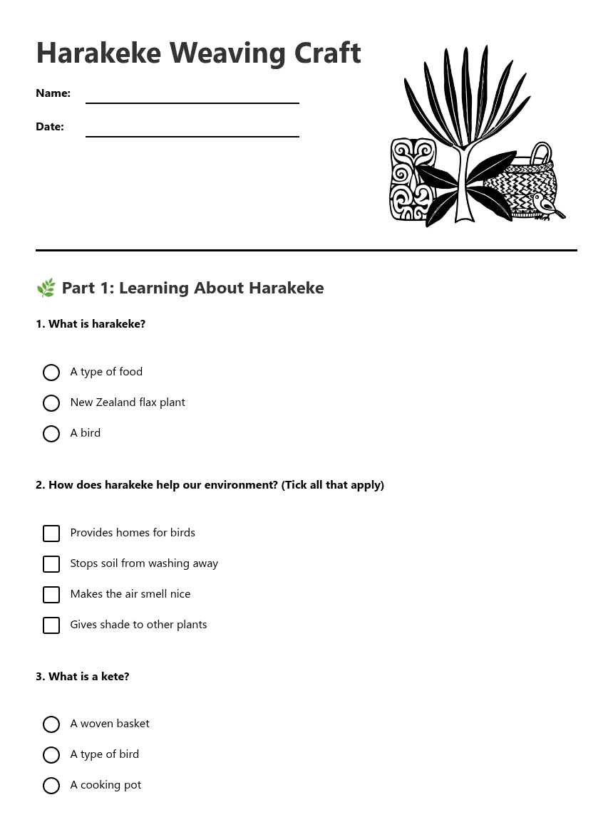 Harakeke Weaving Craft worksheet preview