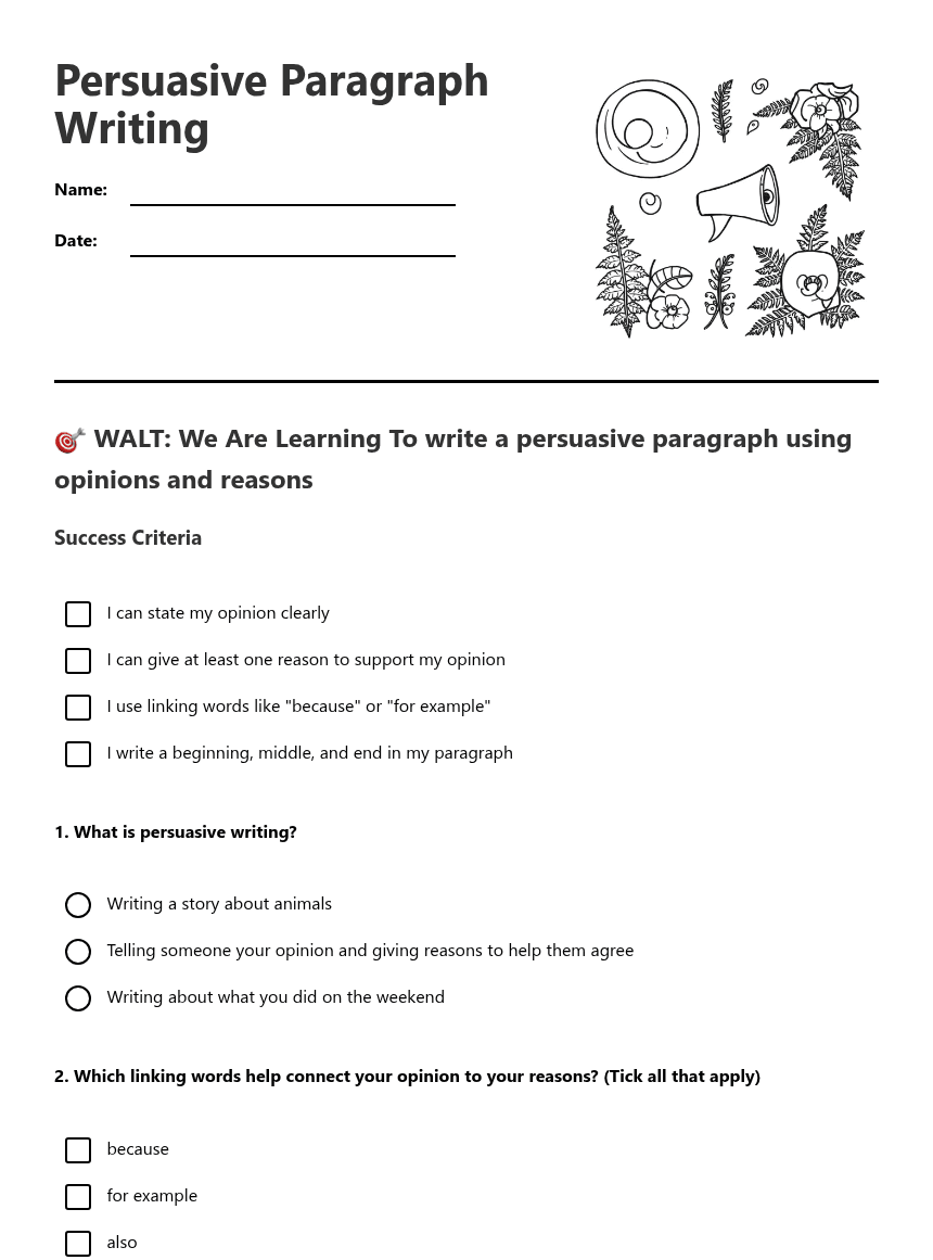 Persuasive Paragraph Writing worksheet preview