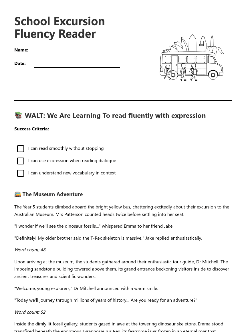 School Excursion Fluency Reader worksheet preview