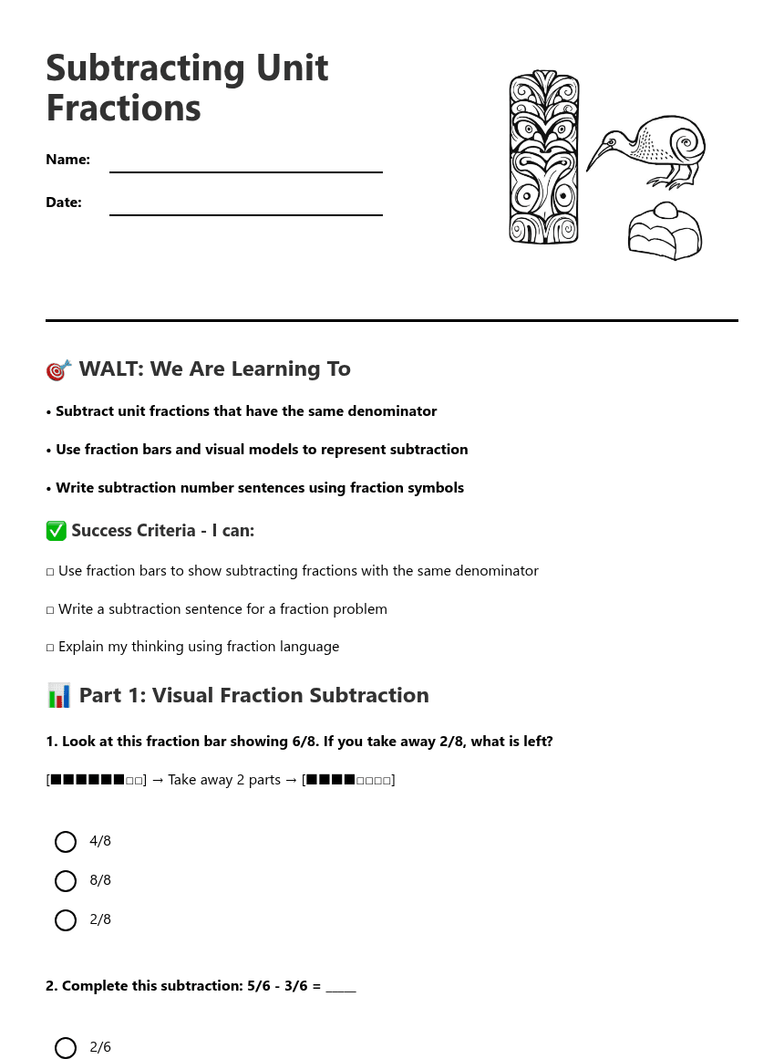 Subtracting Unit Fractions worksheet preview