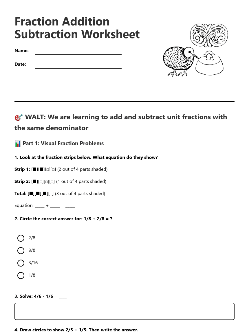 Fraction Addition Subtraction Worksheet worksheet preview